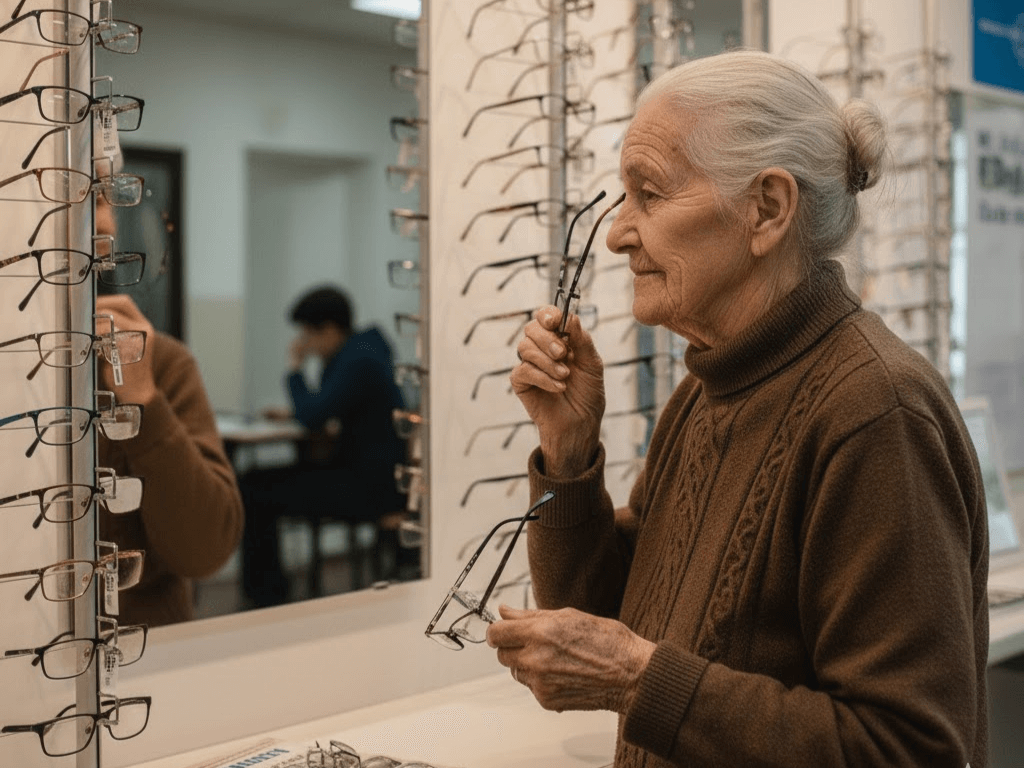 Una mujer jubilada eligiendo marcos de anteojos gratuitos de PAMI en una óptica.