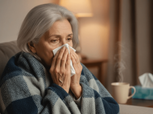 Adulto mayor con síntomas de gripe H3N2 en Rosario usando pañuelo y frazada.