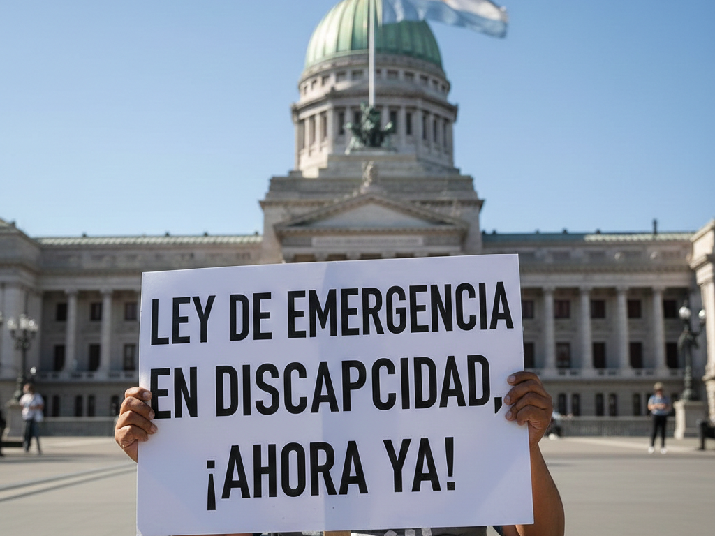 Persona en silla de ruedas sosteniendo un cartel que exige el cumplimiento de la Ley de Emergencia en Discapacidad frente al Congreso de la Nación.