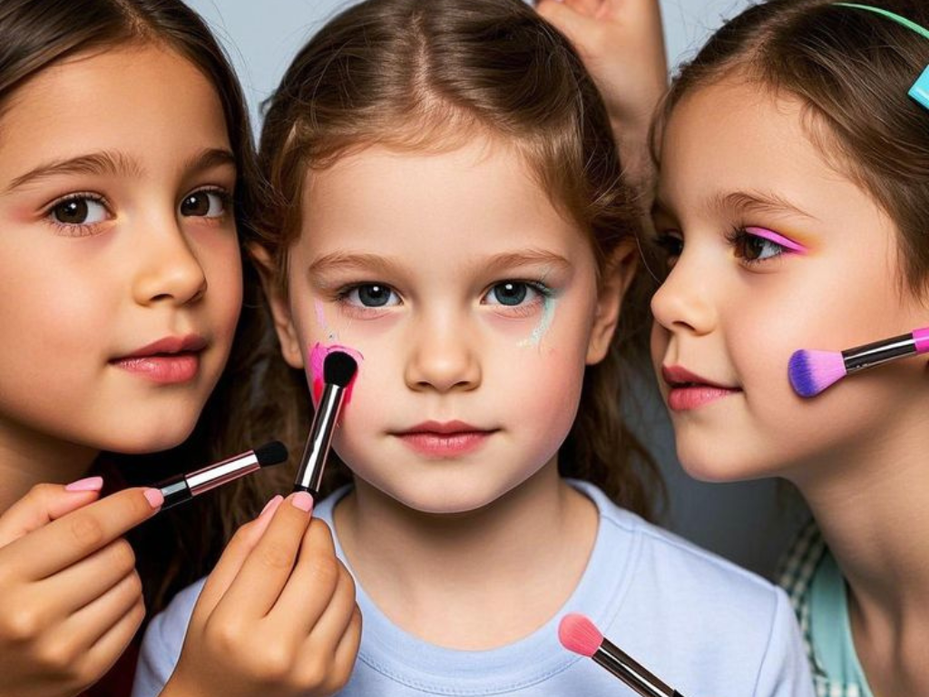 Dos niñas jugando a maquillarse con cosméticos que forman parte de la lista de Anmat productos prohibidos.