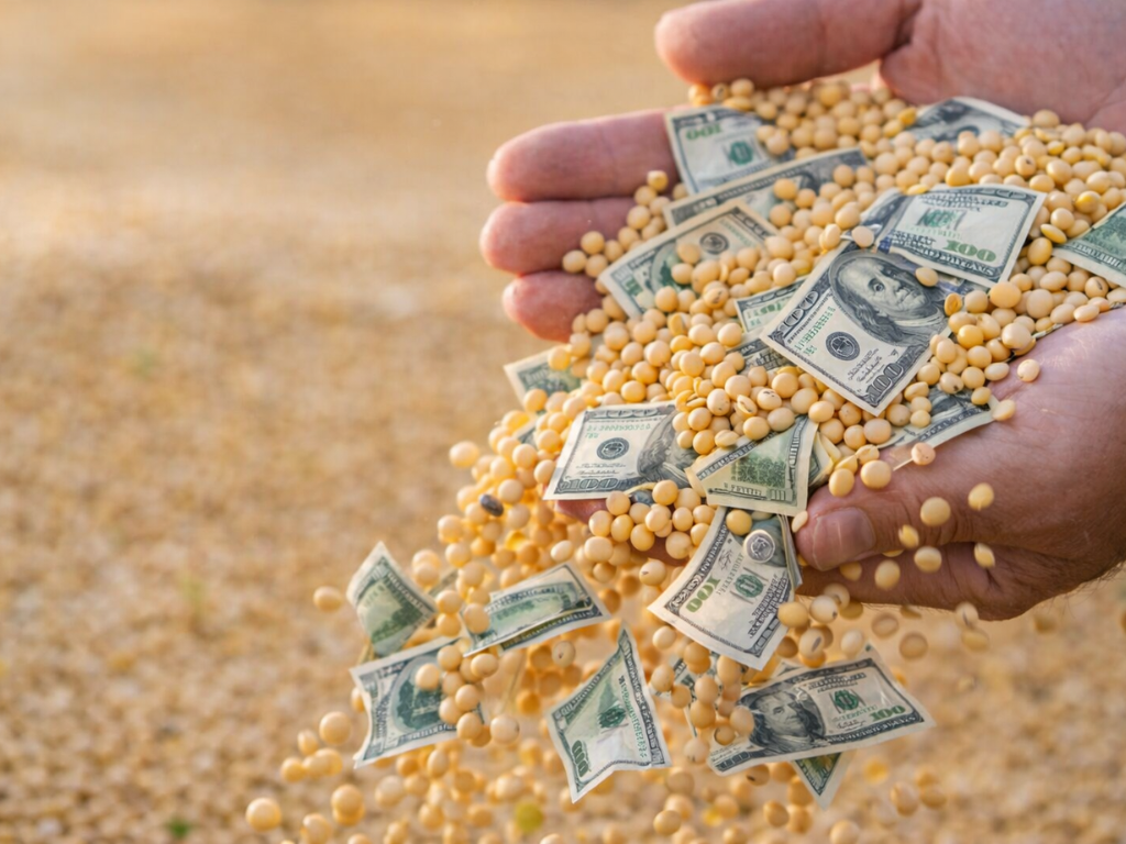 Primer plano de manos de un productor sosteniendo soja y billetes de dólar, simbolizando la liquidación de divisas del agro.