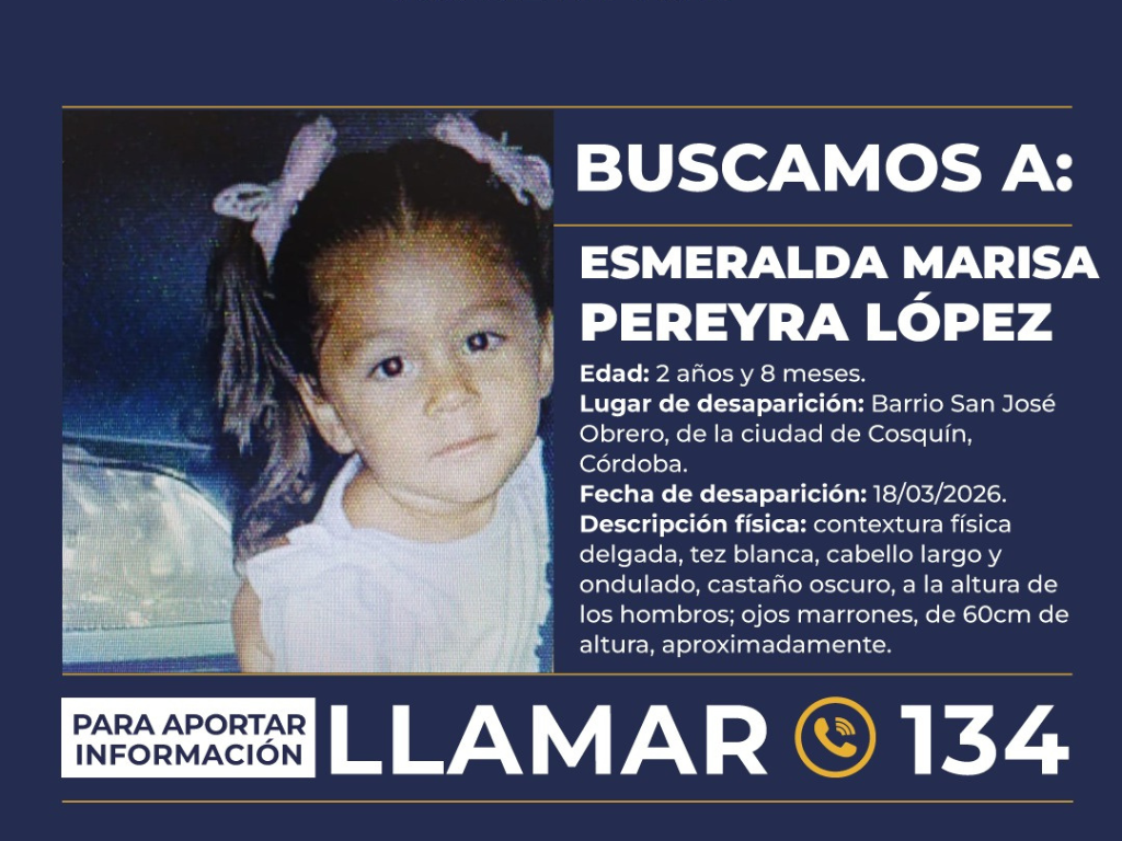 Afiche oficial de Alerta Sofía en Córdoba: búsqueda de Esmeralda Marisa Pereyra López, desaparecida en Cosquín.