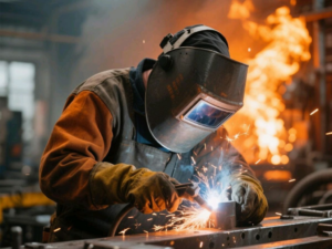 rabajador industrial realizando soldadura con equipo de seguridad en una planta productiva en Argentina, en el contexto de la nueva reforma laboral.