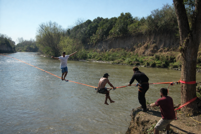 Andino: Frenaron una práctica de slackline sobre el río Carcarañá por falta de autorización