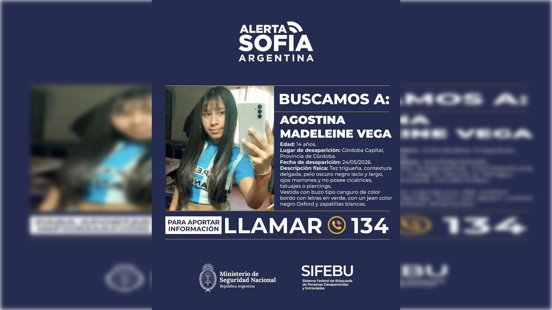 Activaron la Alerta Sofía nacional para buscar a Agostina Madeleine Vega, la menor desaparecida en Córdoba