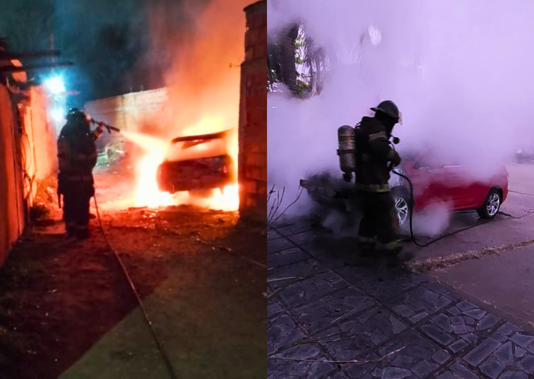 Bomberos trabajan en uno de los autos incendiados en San Lorenzo
