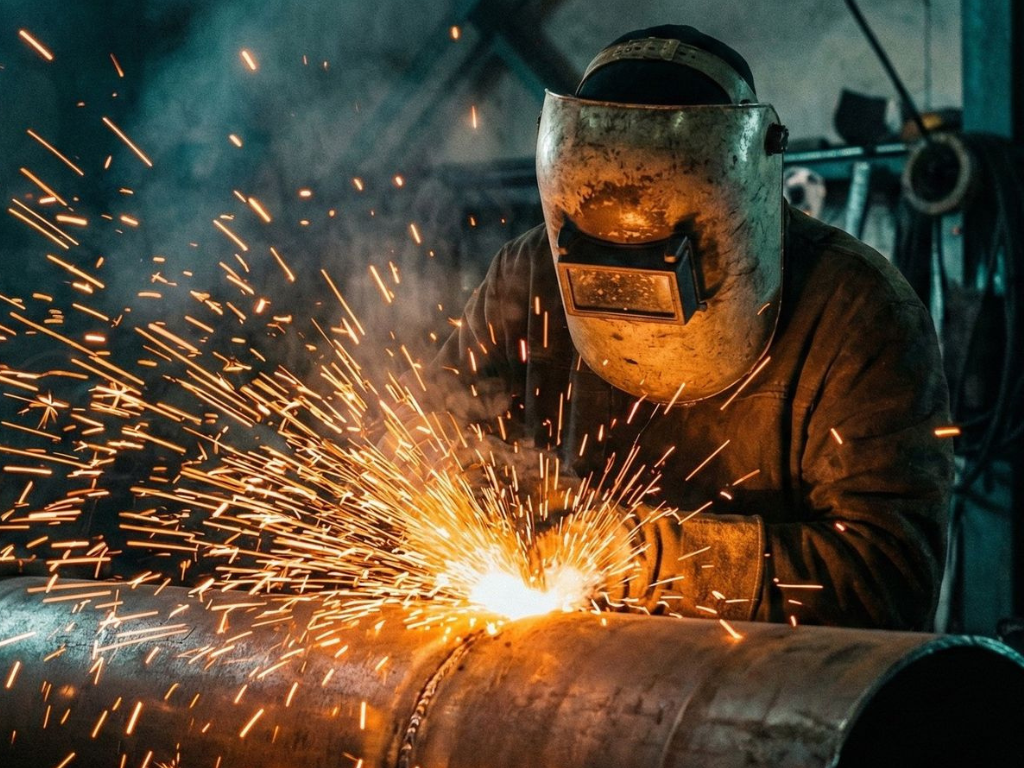 Trabajadores en una planta de la industria metalúrgica argentina durante un período de baja actividad