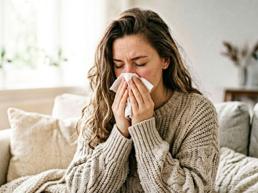 Mujer sonándose la nariz debido a los síntomas de la gripe A durante la temporada de frío.