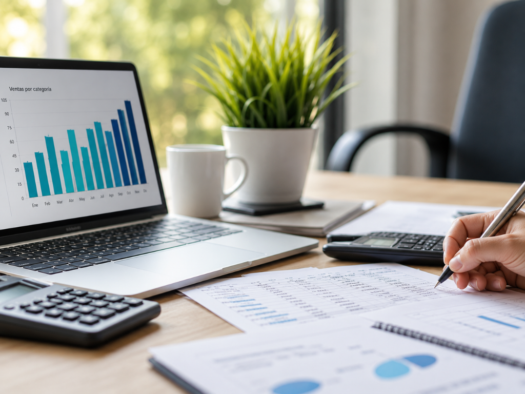 Persona analiza dónde invertir en 2026 con gráficos financieros, calculadora y computadora.