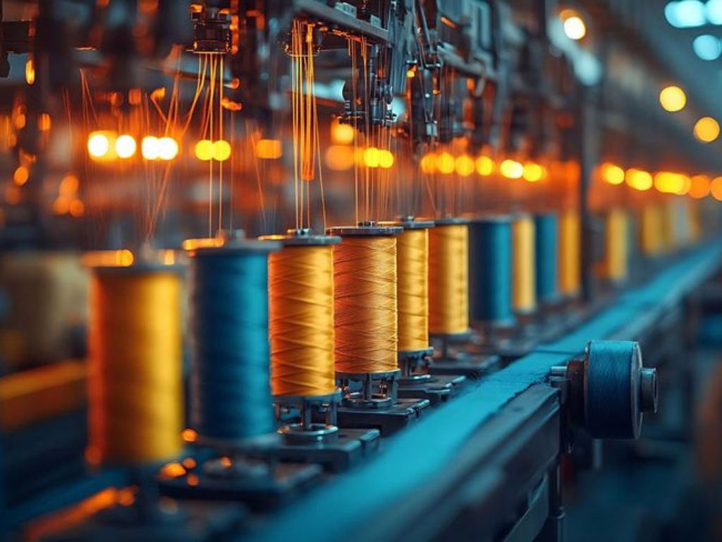 Maquinaria de una fábrica de la industria textil durante el proceso de producción.