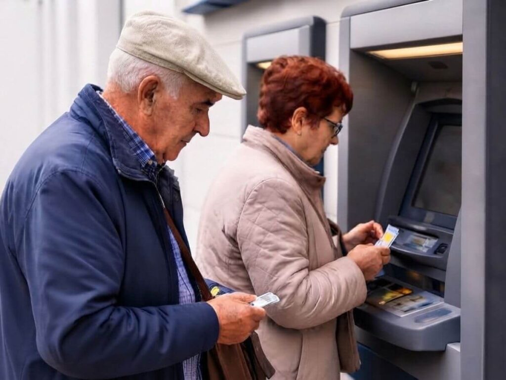 Jubilada utilizando un cajero automático para cobrar el bono de ANSES en octubre.